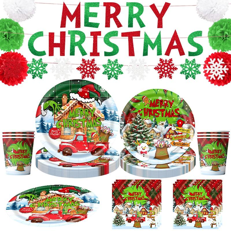 Christmas Themed Party Decor Banners Tablecloths Paper Plates Cups Balloons Set Checkered Christmas Santa Claus Reindeer Snowmen