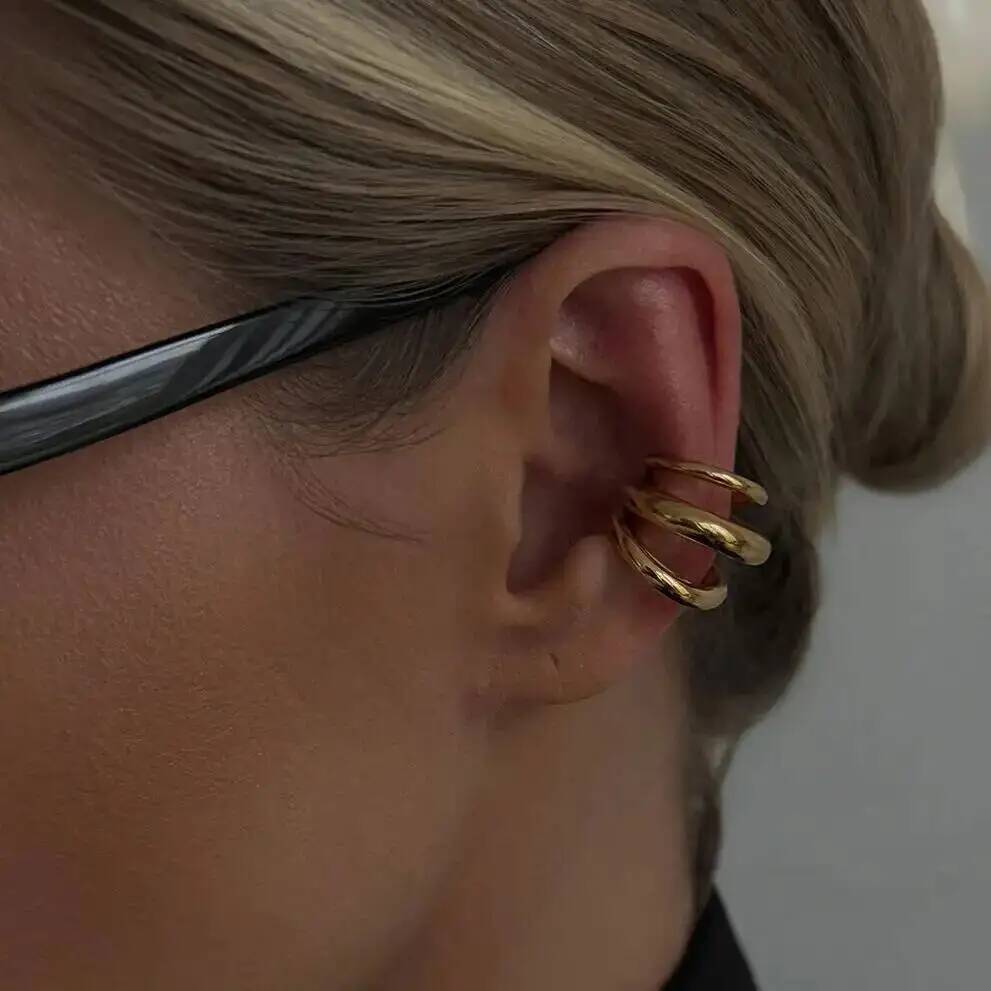 SHIXIN Minimalist Stainless Steel Chunky Triple Ring Clip-On Earrings Women Punk Non-Piercing Ear Cuffs Cartilage Trendy Jewelry