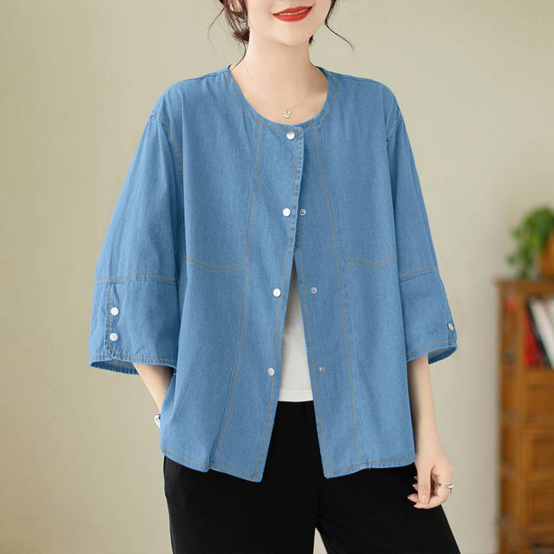 

ZANZEA Женская повседневная блузка с круглым вырезом и рукавом 3/4 5XL синий