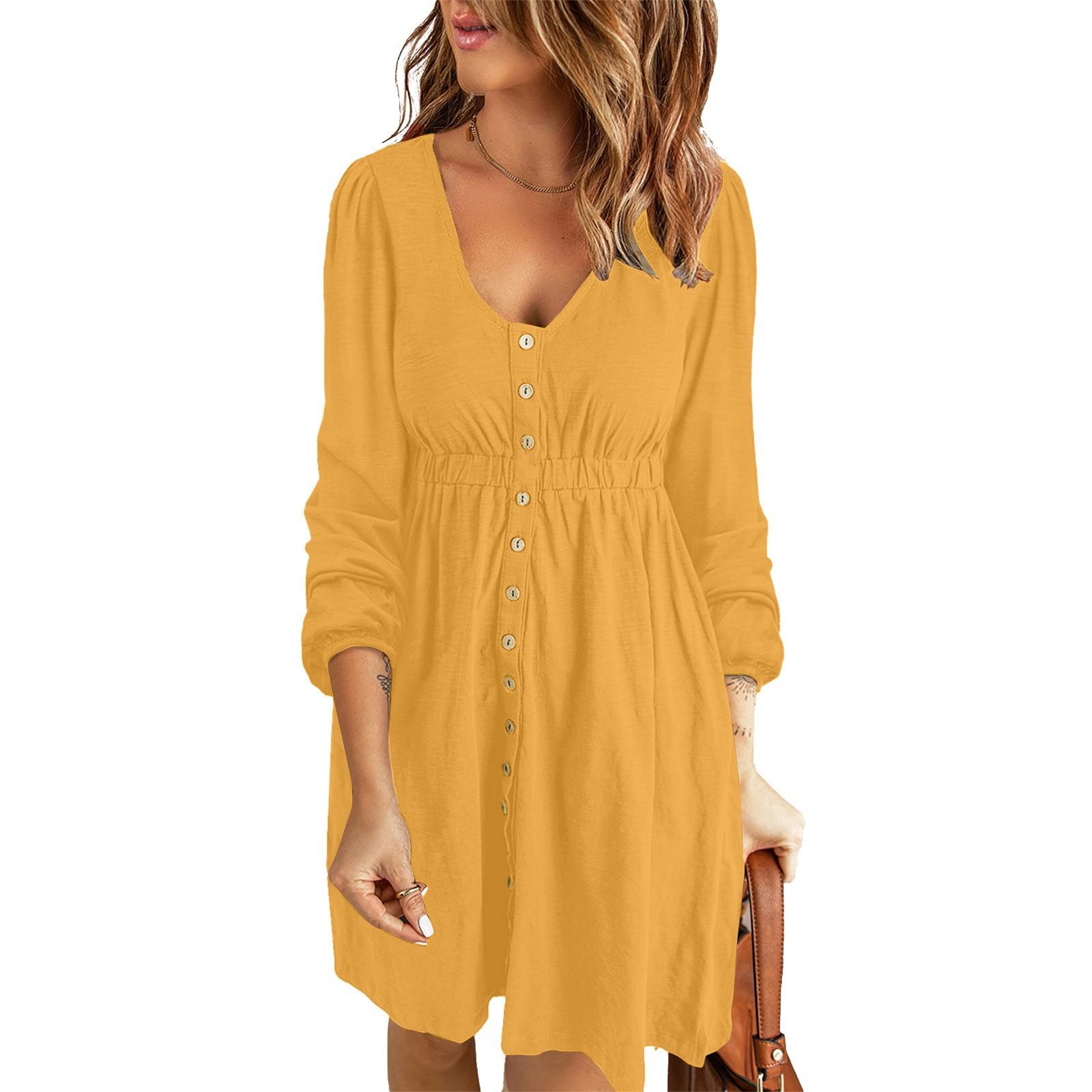 

Женское повседневное свободное платье с v-образным вырезом и талией на пуговицах и длинными рукавами XL жёлтый
