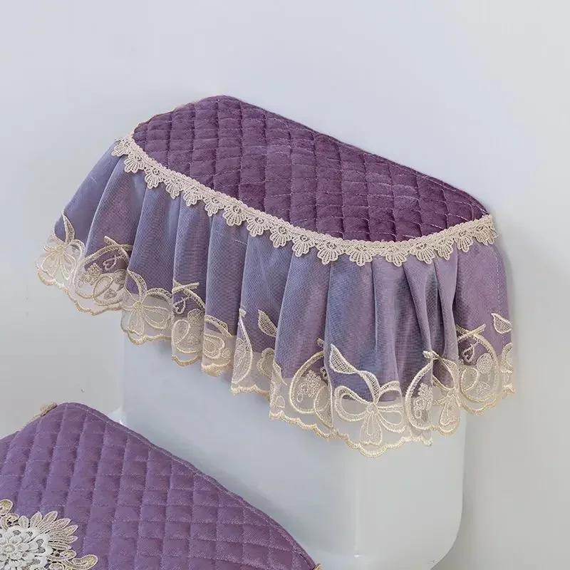 4 Season Purple Toilet Seat Cushion Velvet Lace Edge Toilet Pad Seat Set of 3 Pieces Seat Cushion Cover Zipper Style