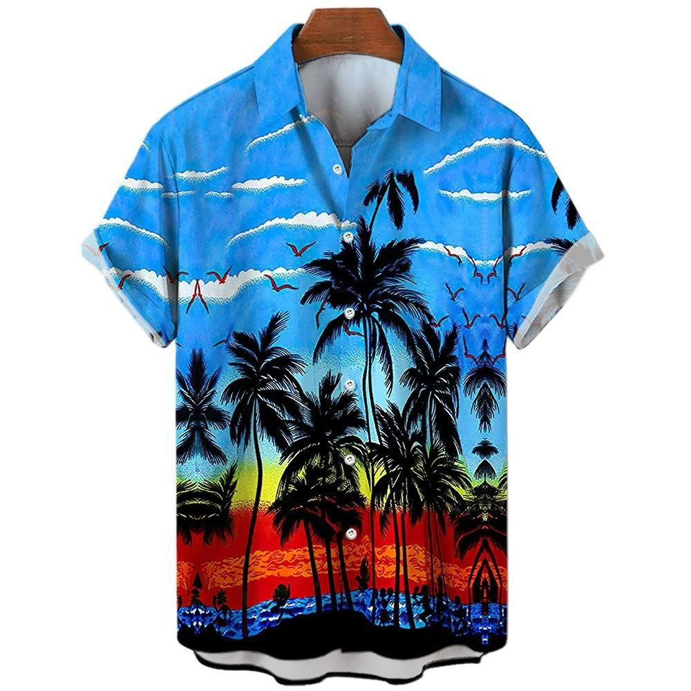 Multicolored Coconut Tree Printing Shirt Summer Hawaiian Beach Vacation Clothing Men's Fashion Street Style Shirt Daily Men's and Women's Shirt