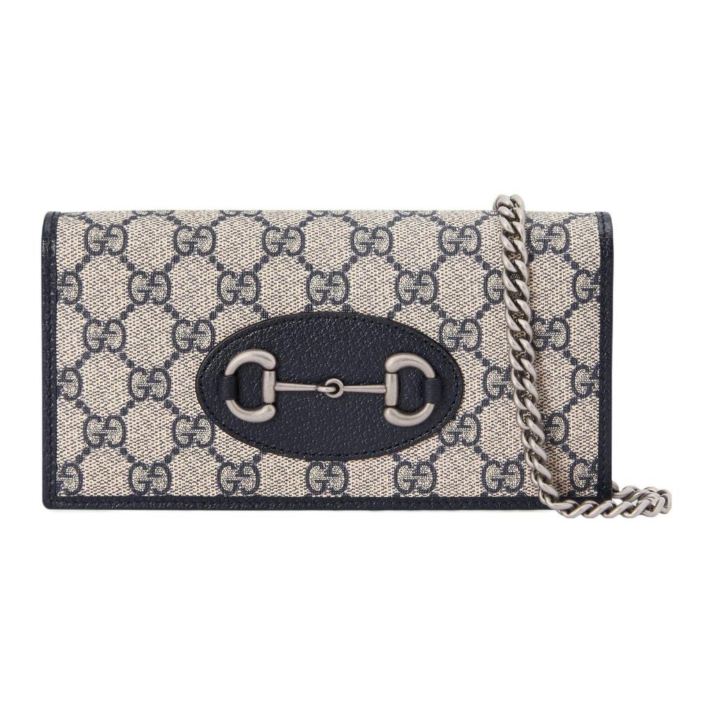 Gucci Horsebit 1955 GG Supreme Chain Wallet Beige Canvas Black Leather Silver Hardware Daily Use 621892-K9GSN-4075