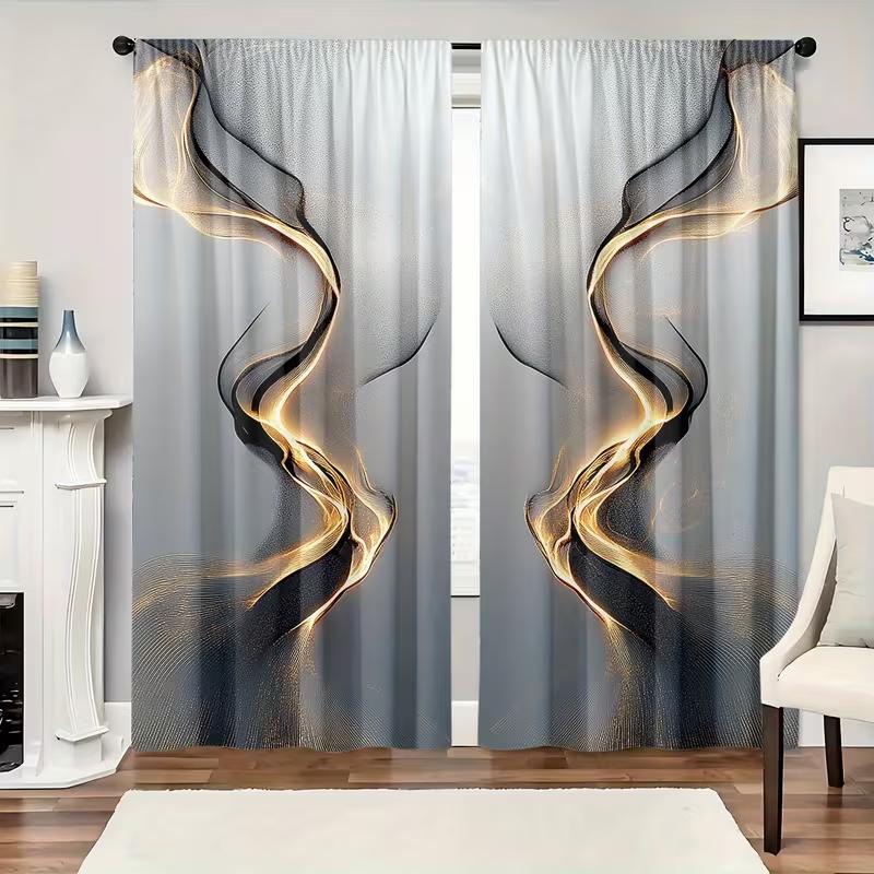 2PC Abstract Gold & Black Smoke Curtains - Modern Gradient Wave Print Window Drapes for Living Room Bedroom Decor