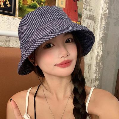 Summer Plaid Bucket Cap Curled Bow Plaid Sun Hat Foldable Quick-Dry Fisherman Caps Outdoor Mountaineering Hat