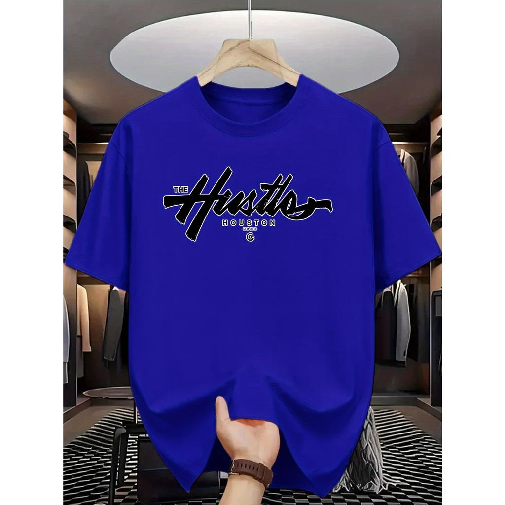 Summer Men's Casual Loose Fit Plus Size Houston Letter Print Sporty Crew Neck Short Sleeve T-Shirt