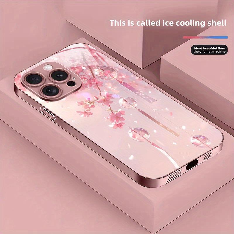 

Pink Cherry Blossom Wind Chime Metallic Paint Glass Hard Phone Case For iPhone 11 12 13 14 15 16 17 Pro Max Plus 16E 17Air Cover iPhone 16 Pro