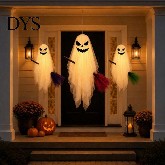 Multi Mode Lighting Ghost Halloween Lighted Hanging with Broom Decor, Flying Broomstick Ornaments Remote Control Party Lights Lights, 8 Modes & Timer,