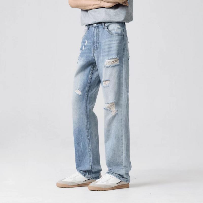 Ruffian handsome men's summer trend personality hole design high street jeans light luxury retro washed small straight pants men