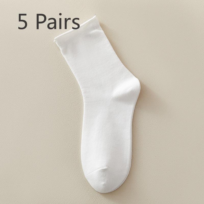 

5 пар женских весенне-летних носков из чистого хлопка без косточек, гофрированных, со средним ворсом 5 Pairs белый