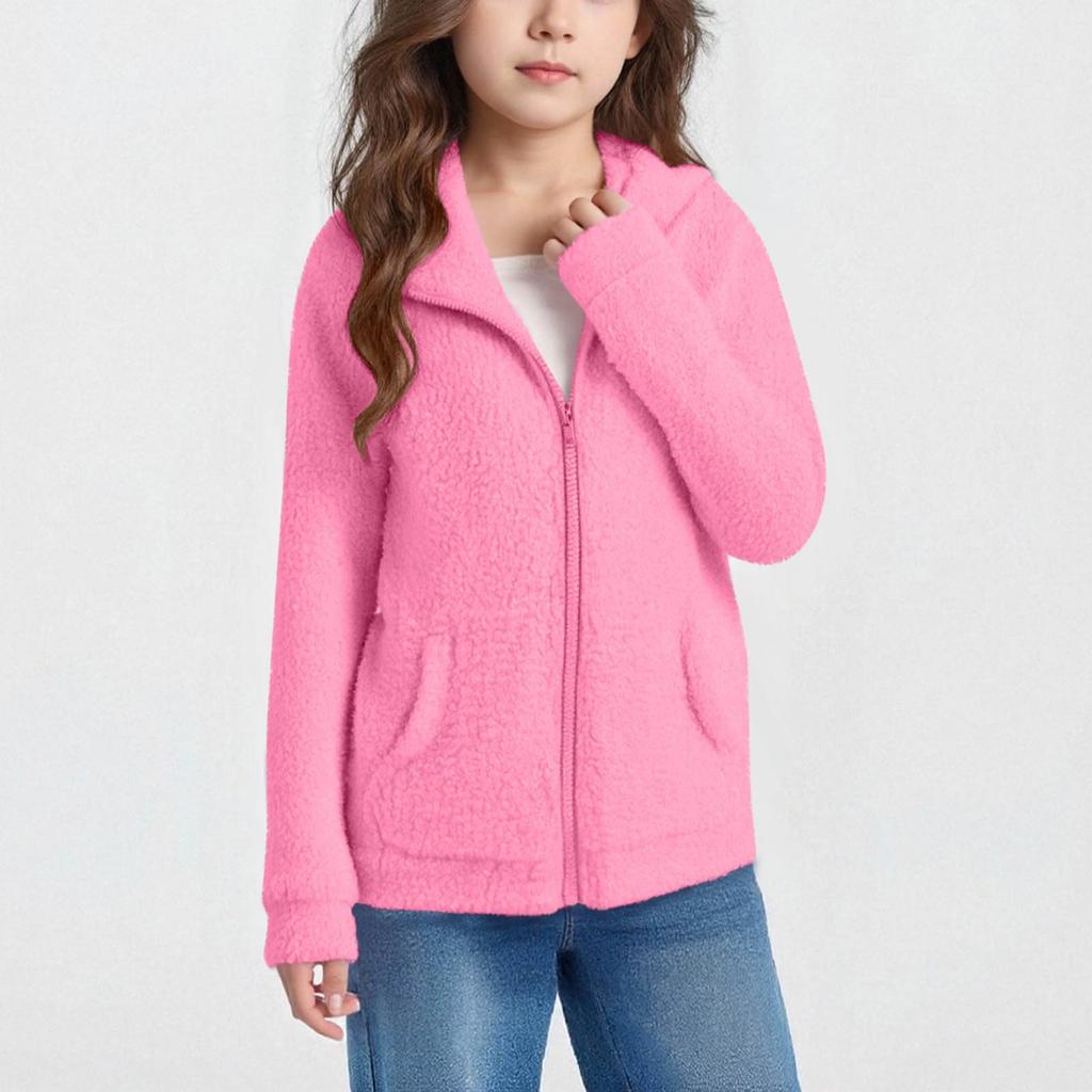 Children's Autumn/Winter Warm Fleece Hooded Pocket Long-Sleeve Solid-Color Jacket