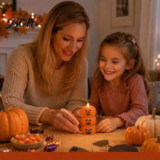Spooky Holiday Home Accents Halloween 3 Tier Stacked Pumpkin Candle Light, Flickering Flameless LED Fall Atmosphere Ornaments Candle, Battery Operated