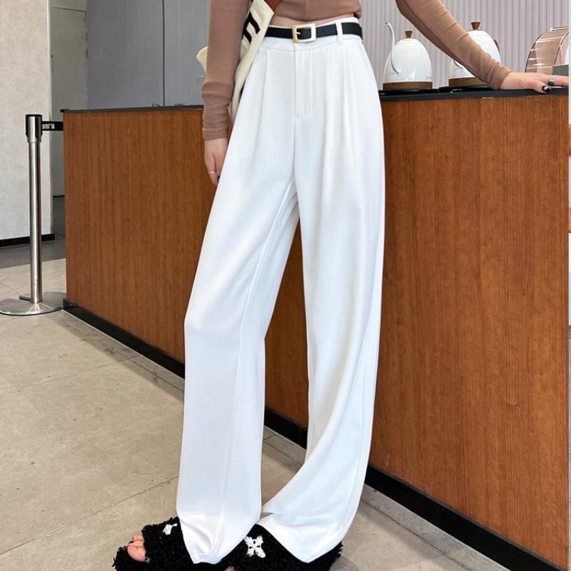 

Новые модные прямые узкие однотонные брюки для женщин с высокой талией повседневные свободные широкие брюки женские элегантные карманы простые женские брюки с поясом 25894 L белый