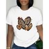 European Size Women'S Casual Crew Neck T-Shirt with Leopard Print Heart and Butterfly Graphic, 100% Polyester Knit Fabric