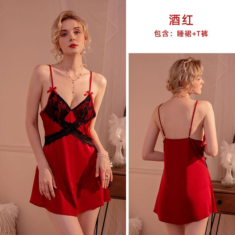 

Брендовая ночная рубашка с подтяжками, женская сексуальная весенняя атласная накладка на грудь, глубокий v-образный вырез, ночная рубашка со шнуровкой, комплект домашней одежды One size