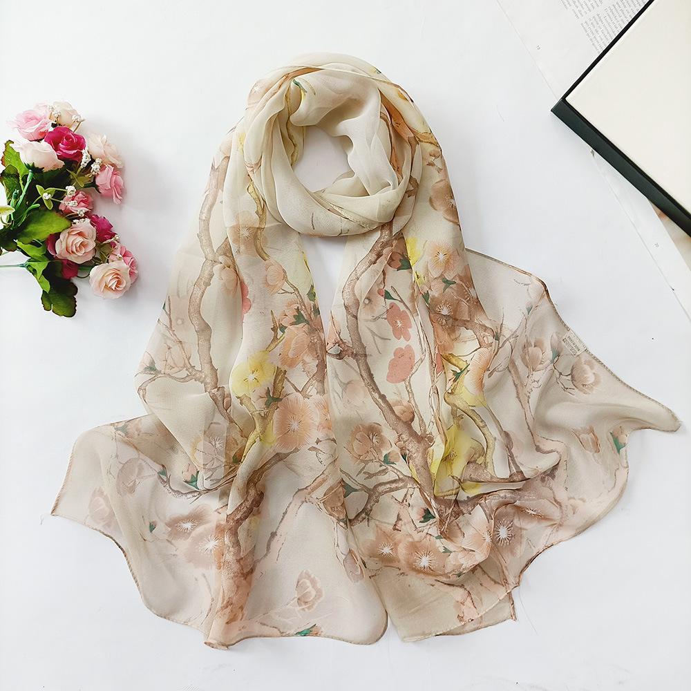 Lotus Geogette Medium-Long Silk Printed Scarf Summer Sunscreen Shawl Mom Gift Style Dance Versatile