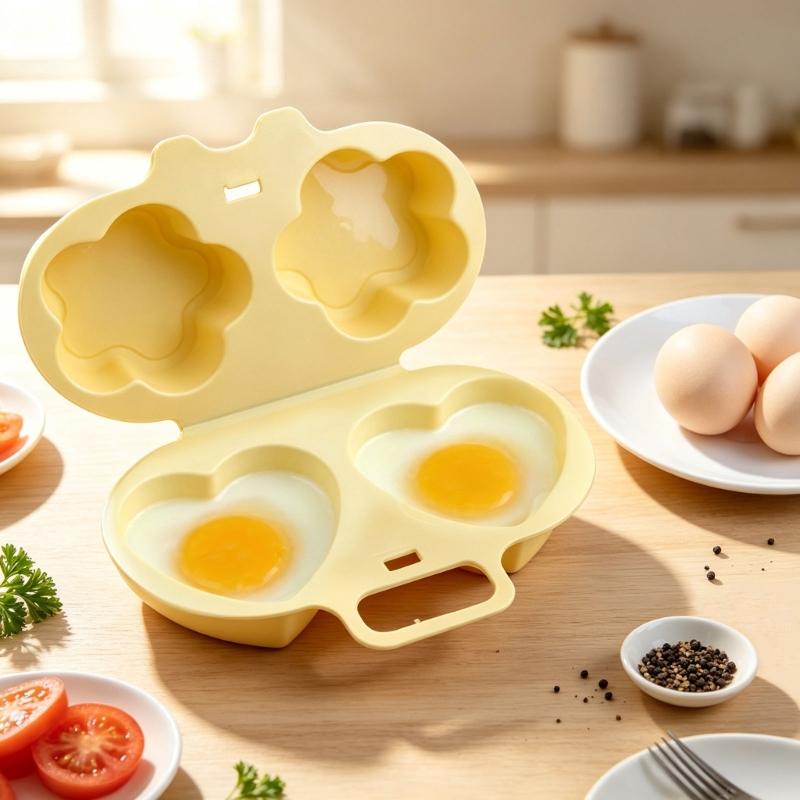Hinged Microwave Egg Poacher in Food-Contact-Grade Polypropylene, with Separate Cavities to Cook 2 Eggs at Breakfast