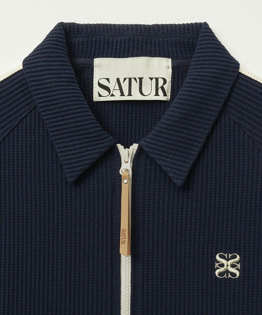Satur Lawton Waffle Collar Track Zip-Up Jacket Navy