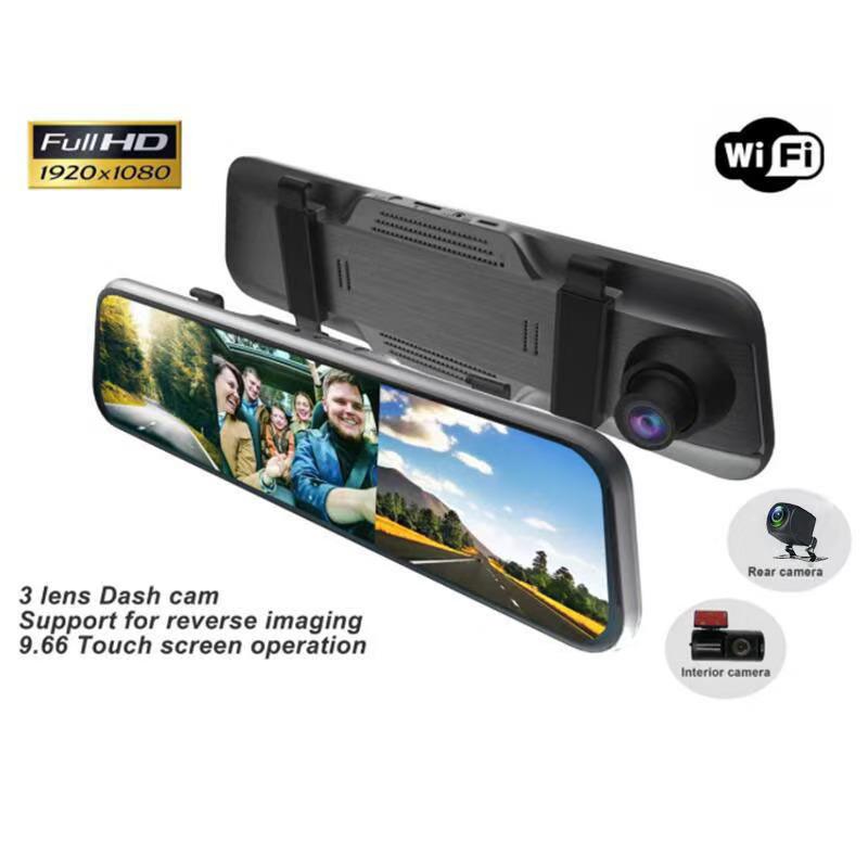 10-inch 3-Lens Streaming Rearview Mirror with Front, Rear, and Interior HD Night Vision Driving Recorder.