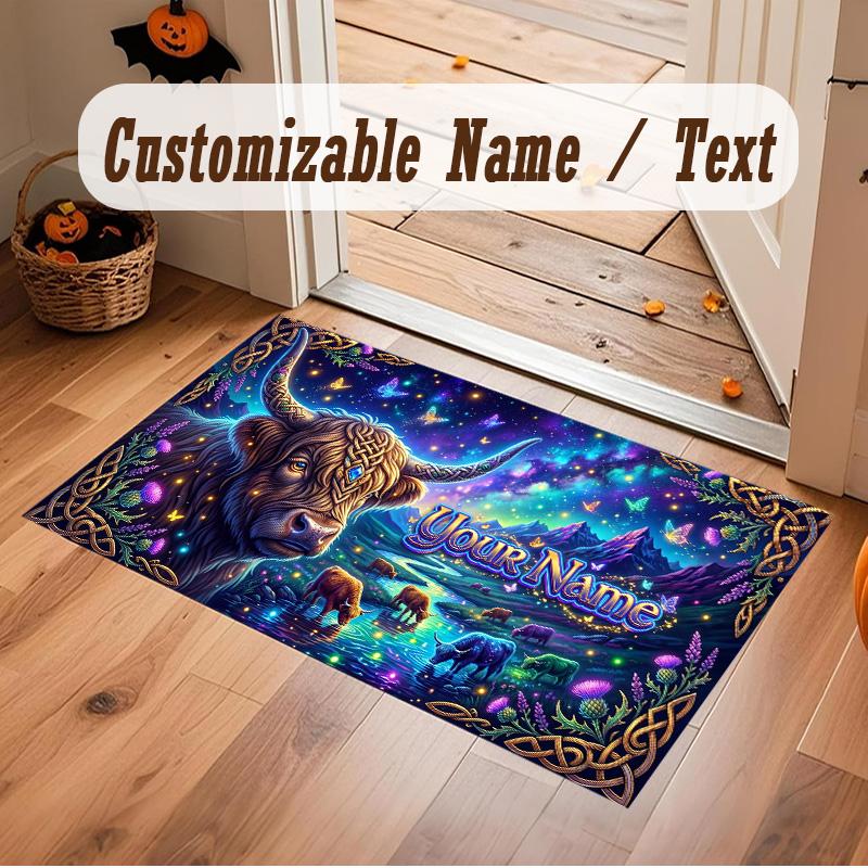 Highland Cow Theme Soft Crystal Velvet Rug Custom Name & Text Print Non Slip Floor Rug for Bedroom Living Room