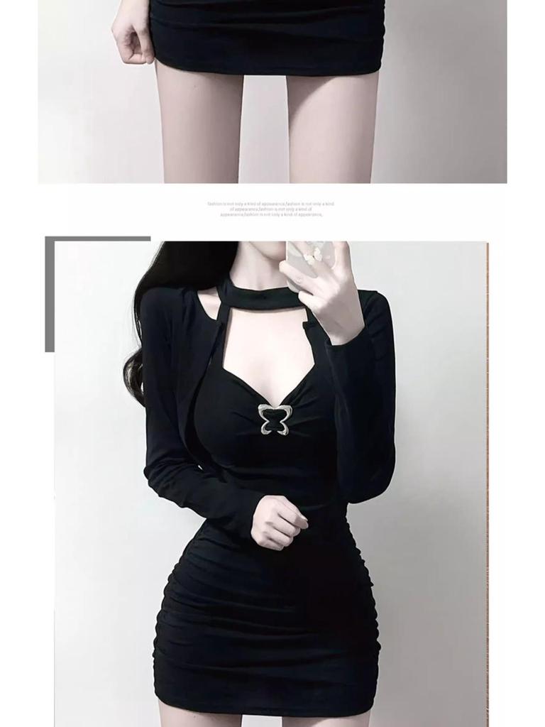 Black Two-Piece Sexy Outfit: Figure-Hugging Short Skirt, Cardigan, and Halterneck Camisole Bodycon Set