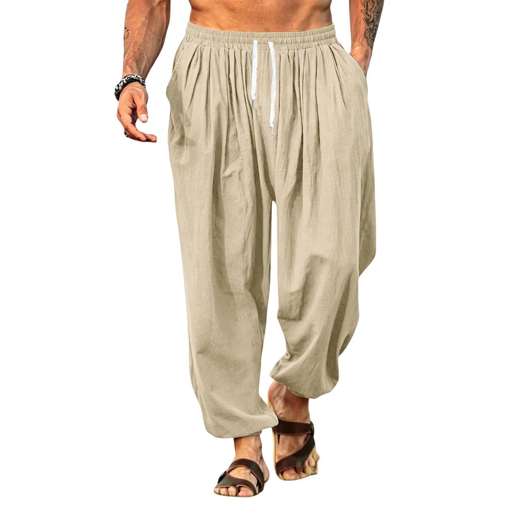 Linen Pants Men Drawstring Waist Relaxed Fit Mens Linen Pants Casual Lightweight Mens Beach Pants Comfortable Men Linen Pants for Daily Wear