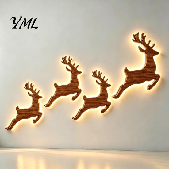 LED Backlit Silhouette Christmas Reindeer Wall Light, Wooden with Warm Backlight, Modern Farmhouse Interior Decor Battery Operated Lighted Festive Art