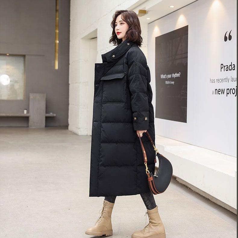 

Женский зимний пуховик средней длины в корейском стиле, утолщенное хлопковое пальто, нишевый дизайн, свободная куртка оверсайз длиной ниже колена XL чёрный
