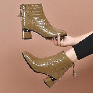 Chelsea boots patent leather women's shoes spring and autumn soft leather square head short boots women's thick heel medium heel Martin boots