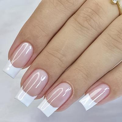 24pcs Square Press On Nails Medium White French  Pinkish Full Cover Glue On Nails For Women Girls Manicure Decorations,