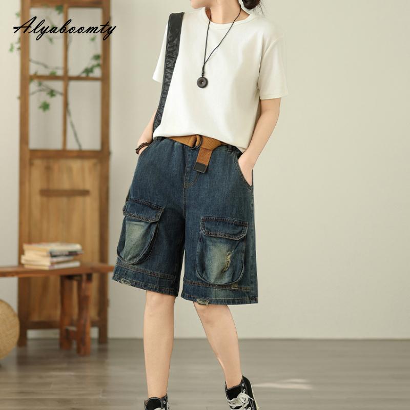 Korean Fashion Summer Women Casual Loose Capris Elastic Waist Dark Blue Denim Pants Vintage Washed Cotton Short Jeans With Belt