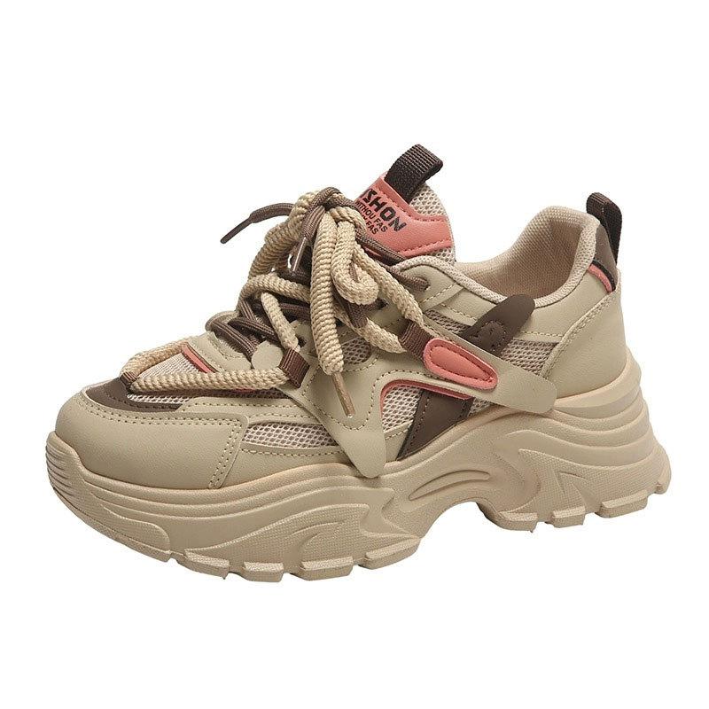 Fashion Double Mesh Breathable Non-slip Dad Shoes Women's 2025 Spring New Middle Heel Soft Sole Wide Foot Casual Thick Sole Sports Shoes