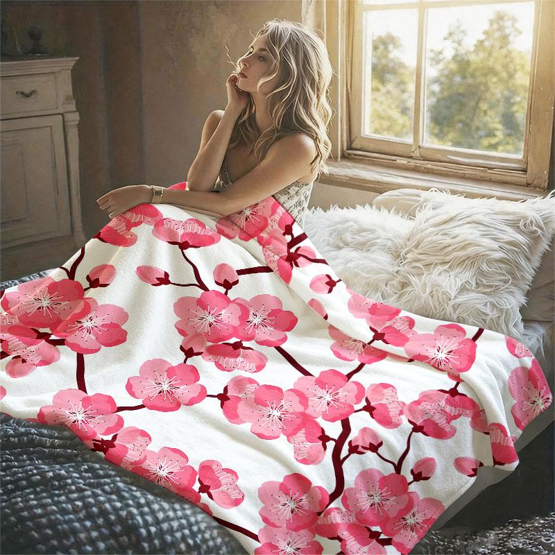 Pink Cherry Blossom-s Flannel Blanket Warm Soft Halloween Christmas Decorative Couch Warm Cozy All-Season Gift