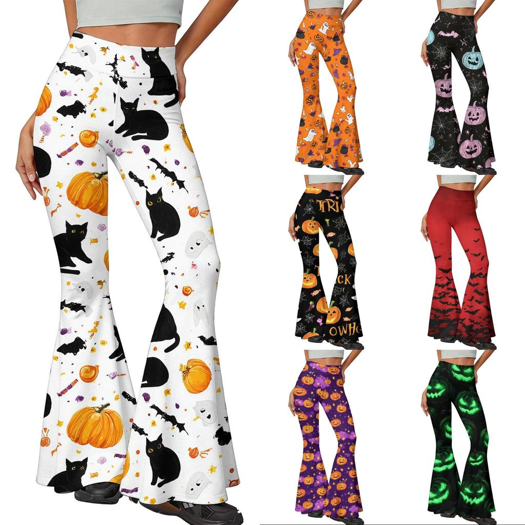 Women Casual Halloween Printed Flared Yoga Pants High Waist Stretchy Bootcut Leggings Comfortable Fit for Daily Wear