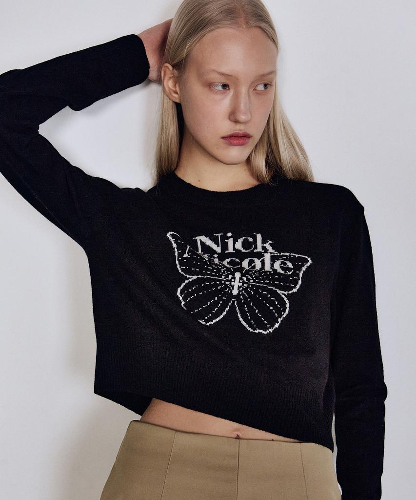 Nigaennikol Cashmere Butterfly Signature Crop Knit_Black