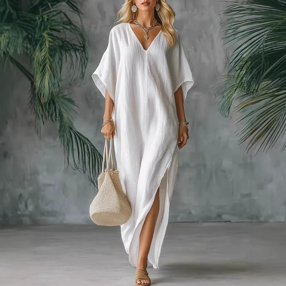 Dress Linen Thin Women's Clothing Summer V-neck Loose