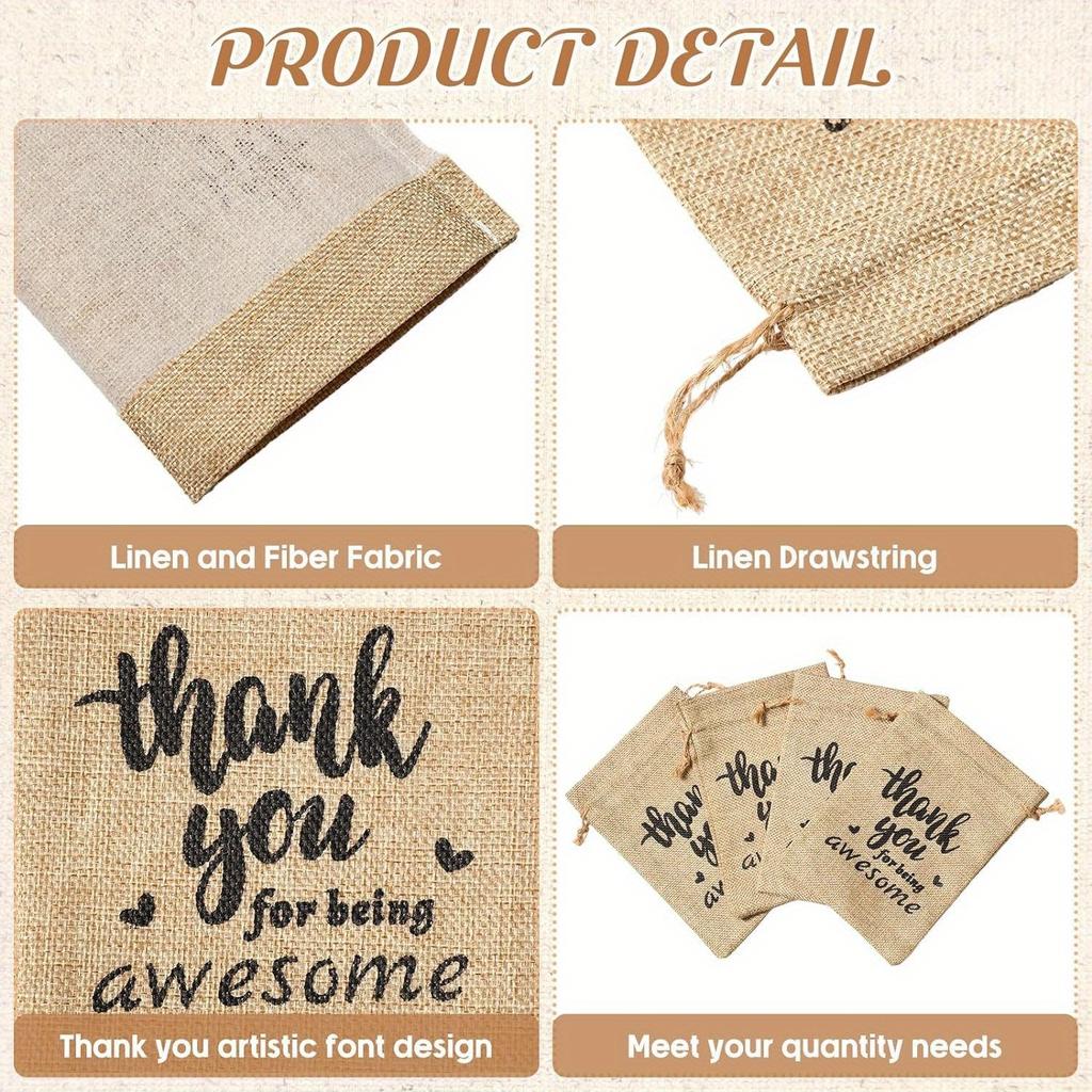 1 Set (10pcs) Thank You Burlap Gift Bags – 5x7 Inches (13x18cm) Small Jute Drawstring Bags, DIY Therapeutic Bags, Linen Jewelry Bags for Thanksgiving