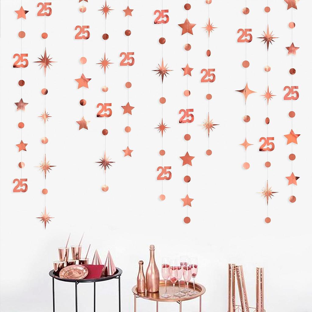 Rose Gold 25th Birthday Decorations Number 25 Circle Dot Twinkle Star Garland Metallic Hanging Streamer Bunting Banner Backdrop for Girls Twenty Five