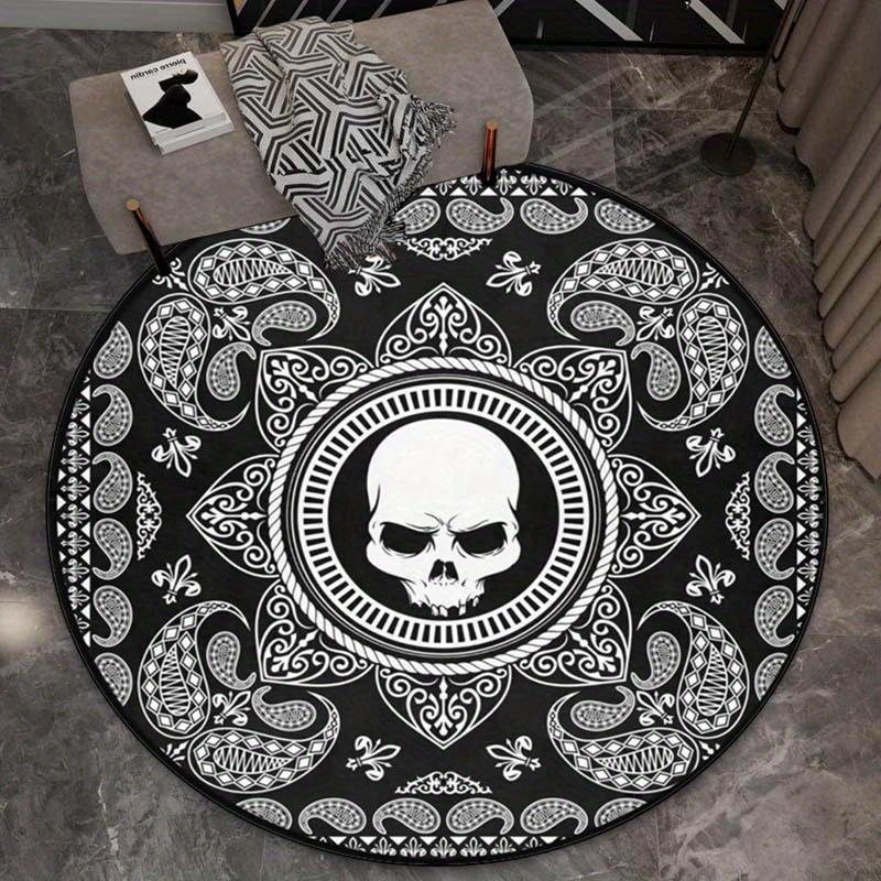 Skull paisley pattern round rug crystal velvet floor mat gothic black white design living room bedroom decor edgy art carpet