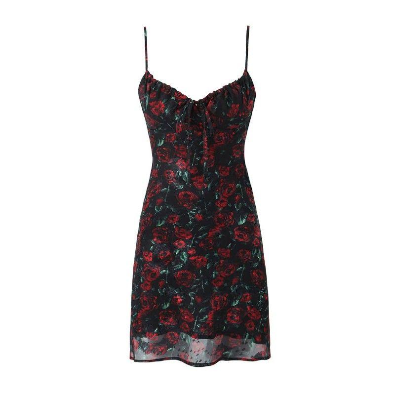 

Red Rose French Slim Looking Dress Floral Strap Short Black Bottom Rose(High quality) S
