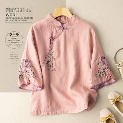 Codzienny top qipao Wykwintny haft kwiatowy Elegancka bluzka Stójka Ukośne zapięcie Bawełniano-lniany top