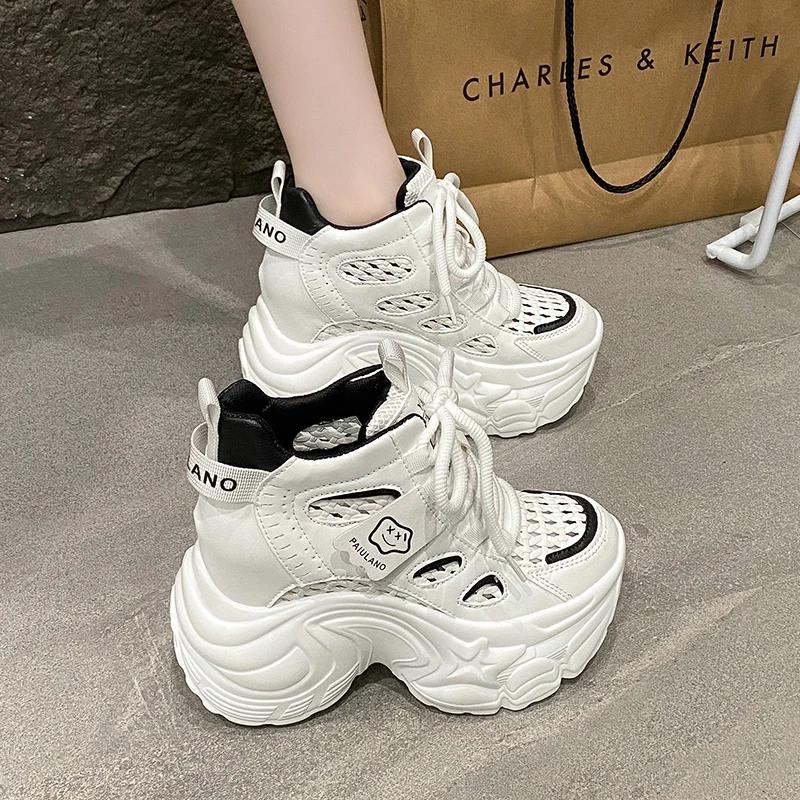 Fashion 10CM Chunky Leather Sneakers Summer Lace-up Casual Vulcanized Shoes Woman High Platform Breathable Hollow Mesh Sport Dad Shoes