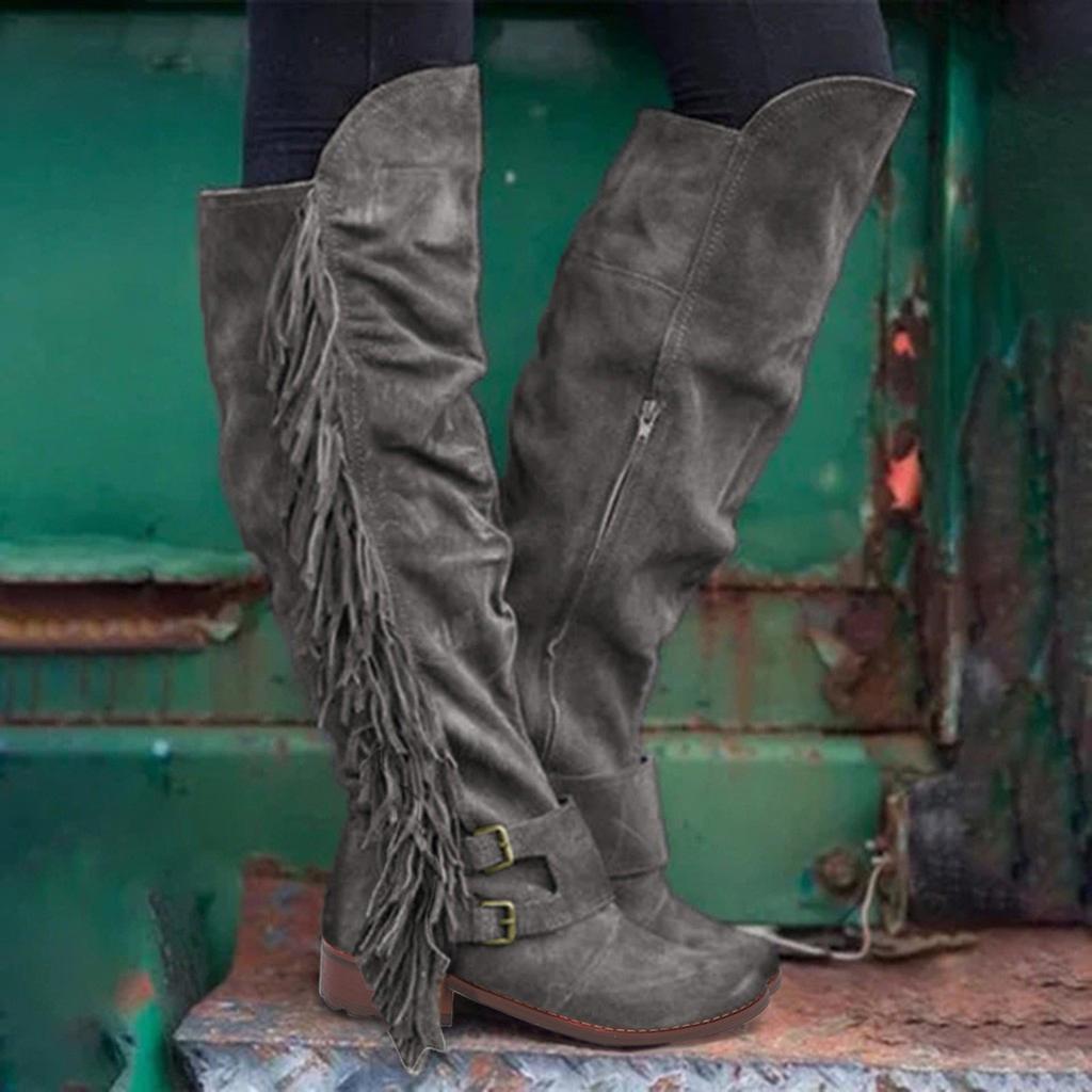Dames Retro Vetersluiting Lange Laarzen Franje Vintage Knie Vetersluiting Lange Laars Vrouw Winter Mode Katoen Warm Sneeuwschoenen Met Kwastje