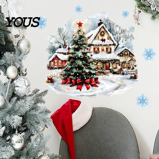Winter Scene Wall Decor Christmas Decals, Watercolor Santa Claus Xmas Tree Village House Sticker, Peel Glass Door Decorative Film And Stick Removable
