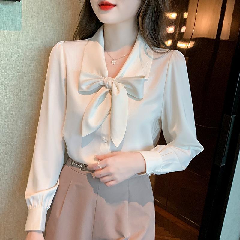 2026 Women s Chiffon Blouse: Long-Sleeve Suit Collar with Ribbon Bow M абрикосовый/белый