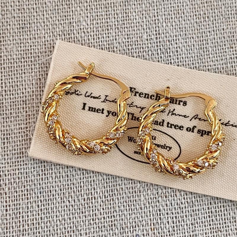 Personalized Twisted Retro Rhinestone Metal Hoop Earrings - Unique French High-End Style
