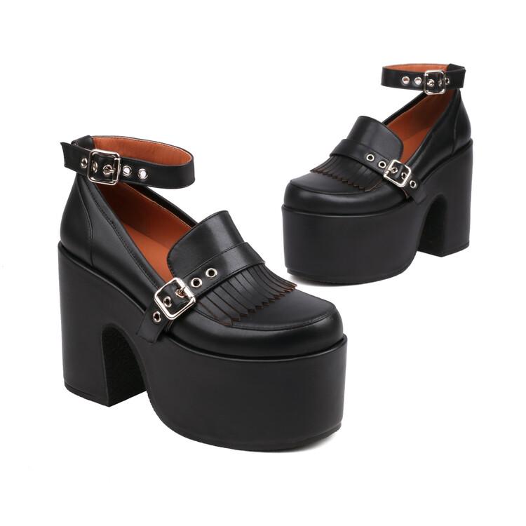 FOREADA Women Pu Leather Pumps Super High Hoof Heels Round Toe Ankle Strap Buckle Party Punk Style Spring Autumn Shoes White