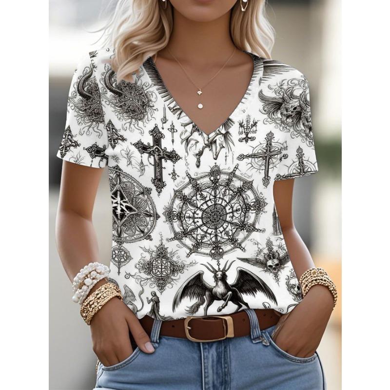 Women s Gothic Angel and Cross Art Print Vneck Tshirt, Suitable for Halloween Wear, with a Punk and Vintage Style S