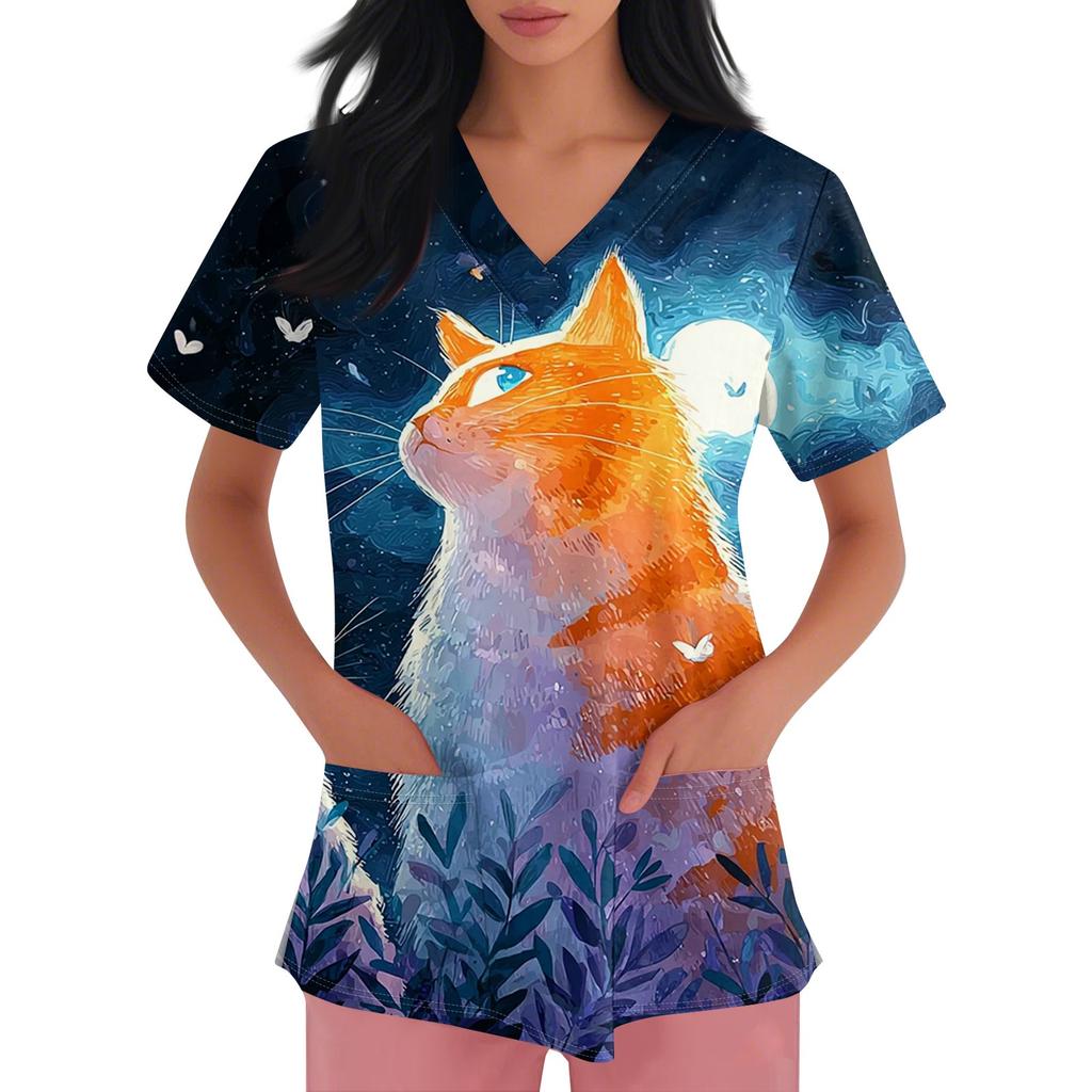 Women's V-neck Printed Short-sleeved Work Clothes With Side-slit Pockets And Uniforms