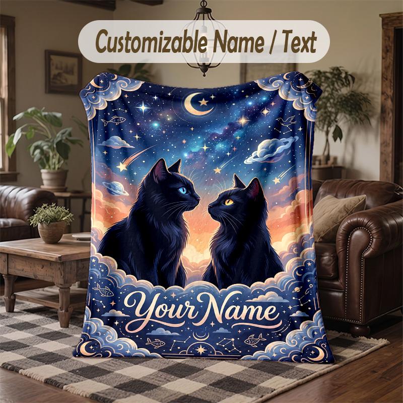 Night Sky Butterflies Moon Theme Throw Blanket Custom Name Text Personalized Blanket Soft Cozy Blanket for Home Sofa Bed